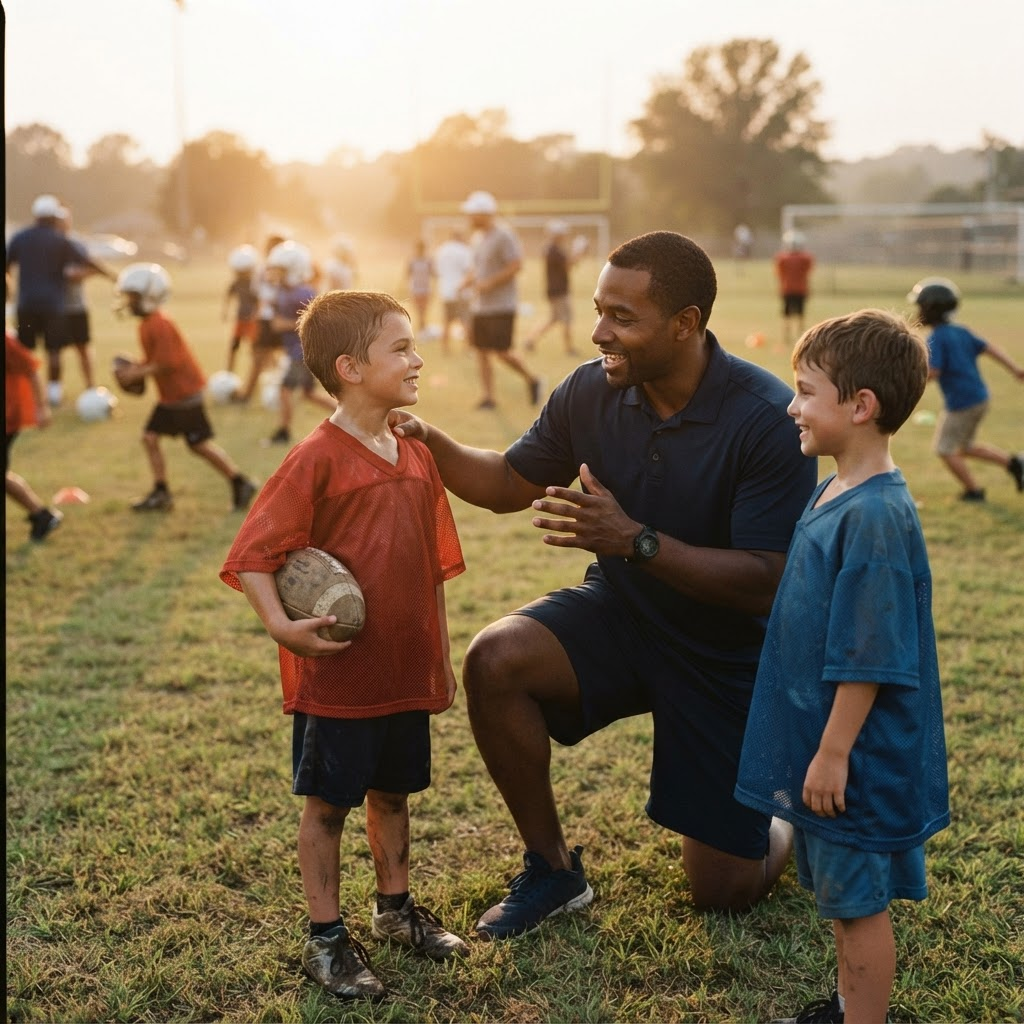 A mentor coaching young athletes at a youth football camp