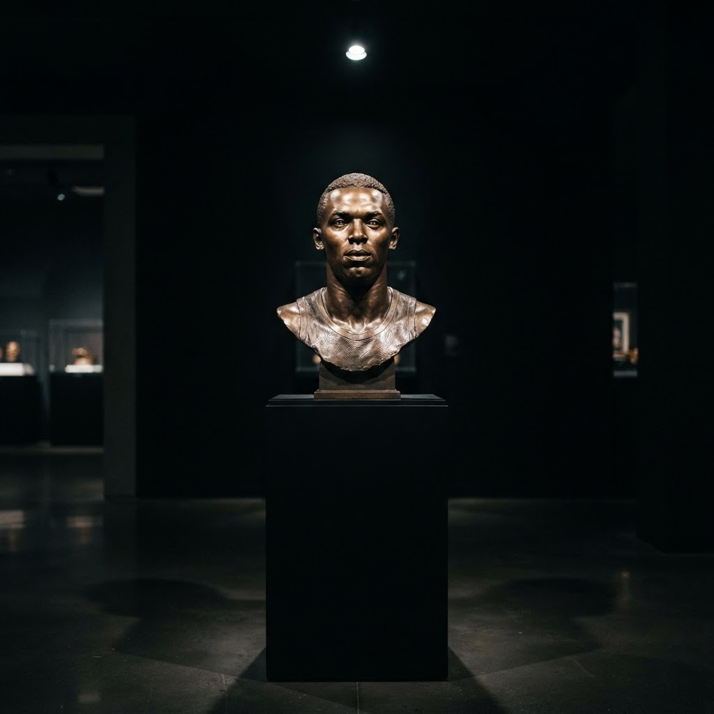 Bronze Hall of Fame bust under dramatic gallery lighting