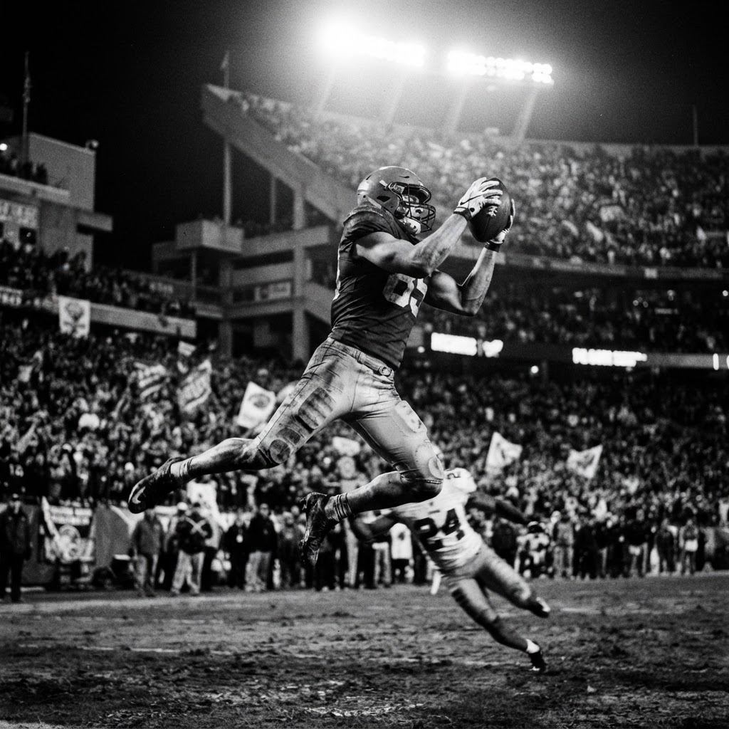 Archival-style photograph of a receiver leaping for a dramatic catch